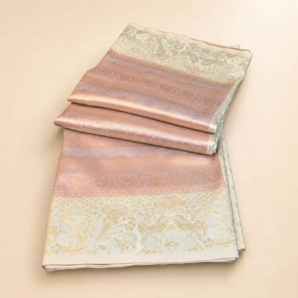 Elegant Peach Cream Banarasi Style Saree with Gold Zari Floral Border