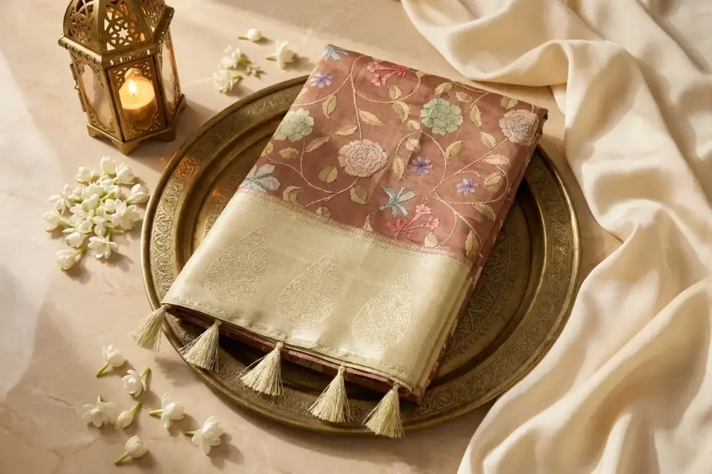 Dusty Mauve Silk Saree with Floral Jaal and Zari Pallu