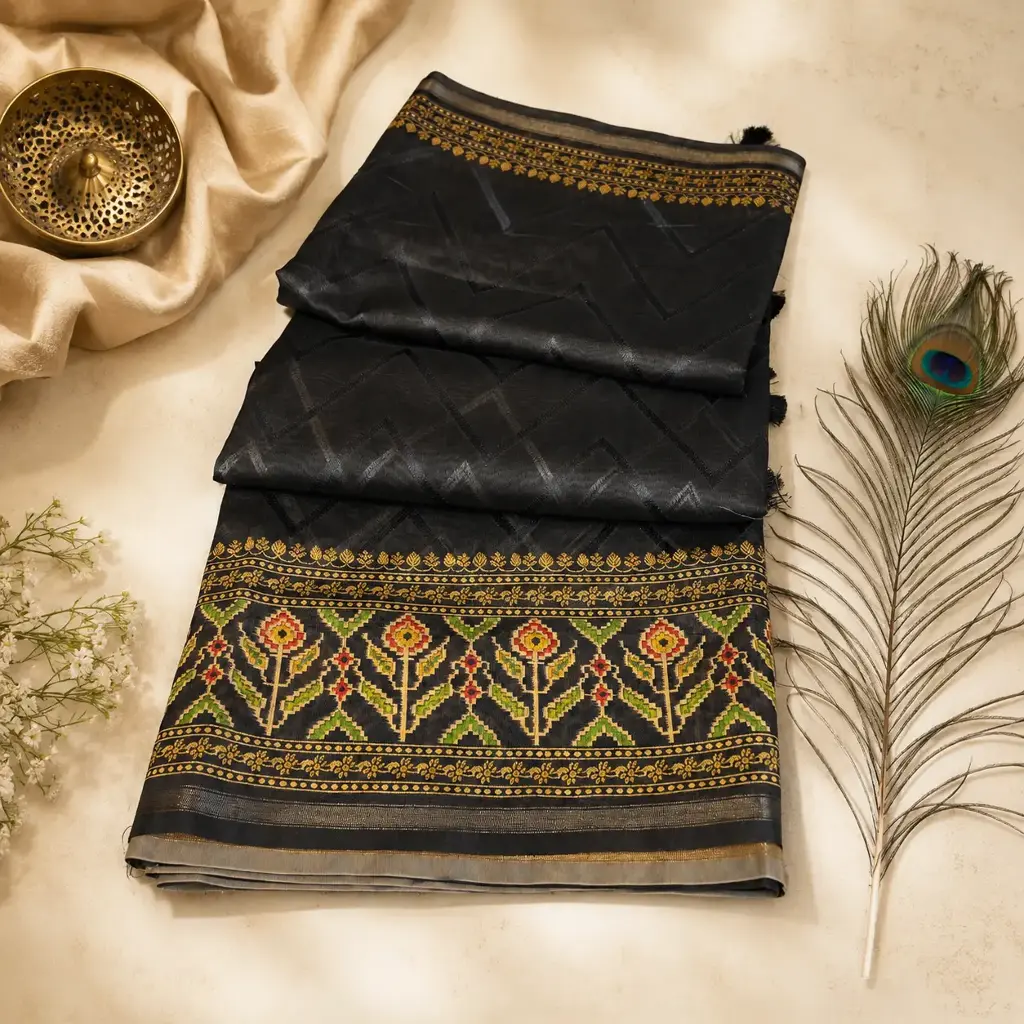 Elegant Black Soft Silk Saree with Floral Woven Pallu & Golden Zari Border