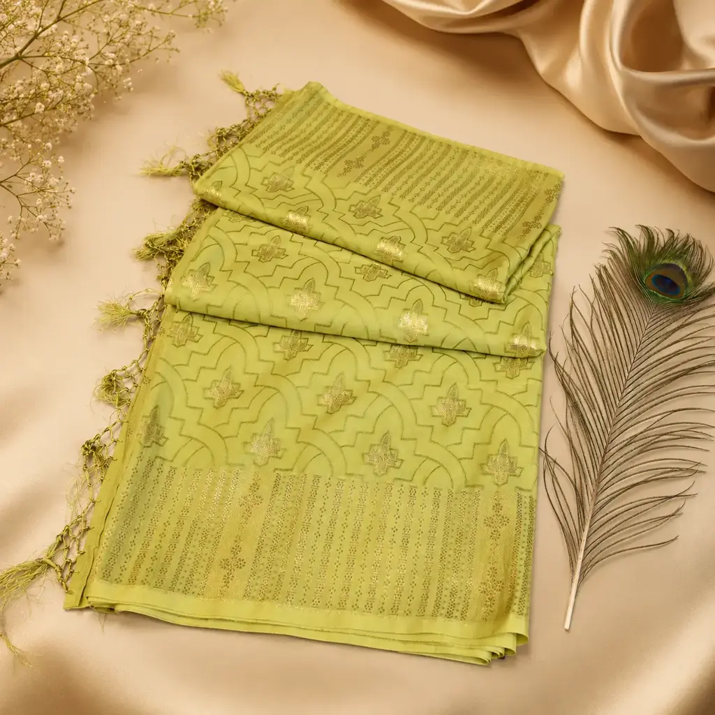 Elegant Pastel Green Banarasi Silk Saree with Gold Zari Motifs & Tassels