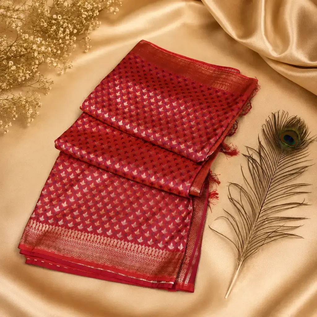 Elegant Rust Pink Banarasi Silk Saree with Gold Zari Woven Motifs & Rich Border
