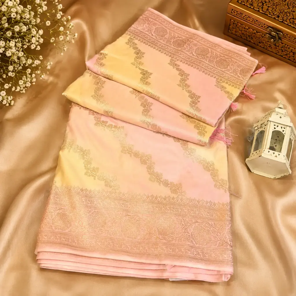 Elegant Baby Pink Banarasi Silk Saree with Silver Zari Floral Weave & Traditional Woven Border 