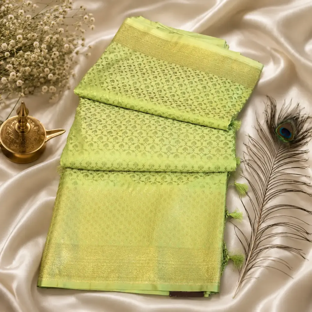 Elegant Mint Green Banarasi Silk Saree with Woven Zari Border & Tassels