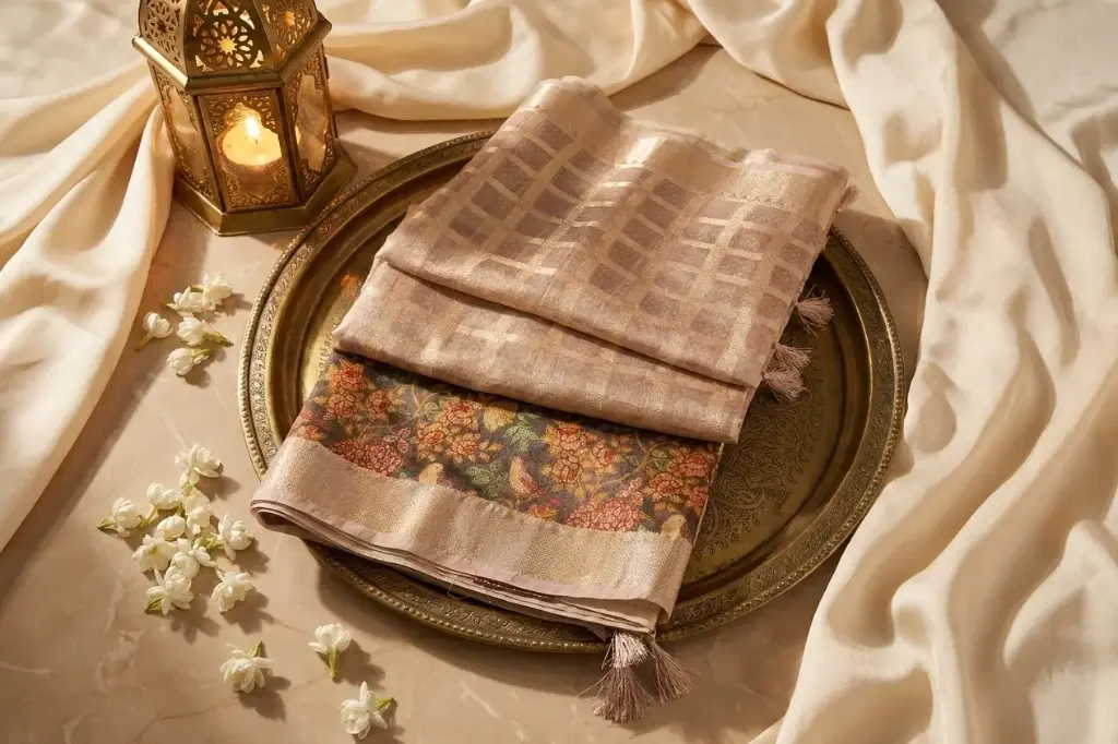 Champagne Gold Tissue Silk Saree with Kalamkari Border