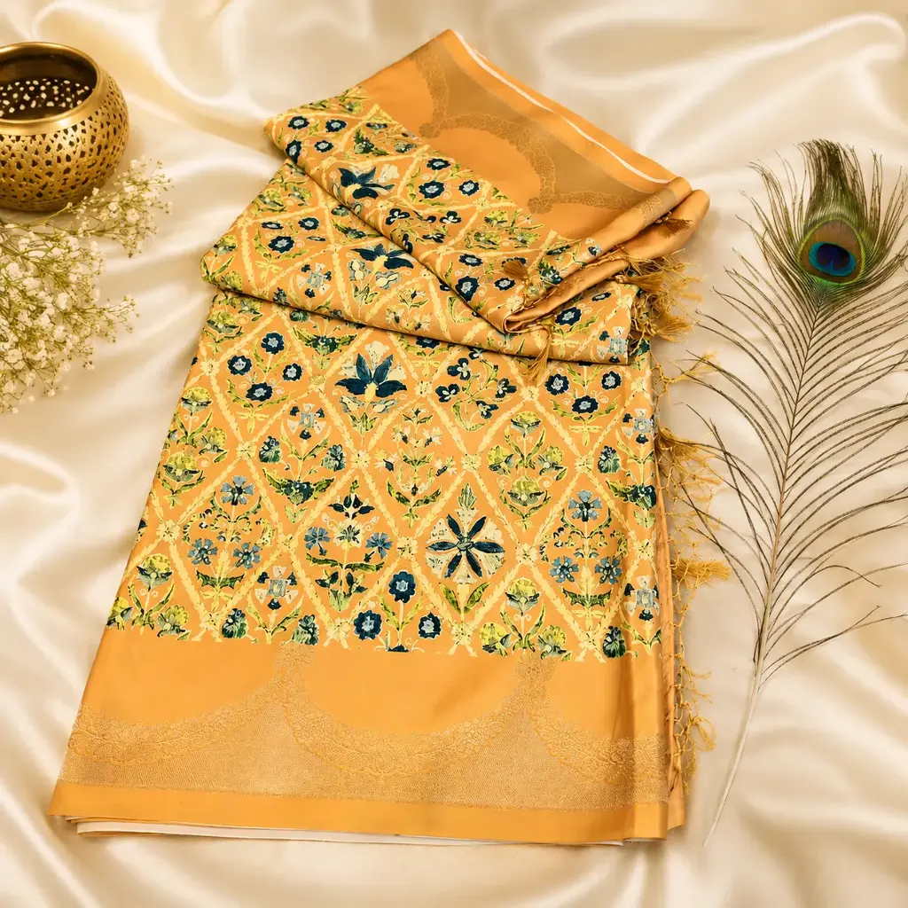 Elegant Peach Floral Printed Silk Blend Saree with Woven Border & Tassels