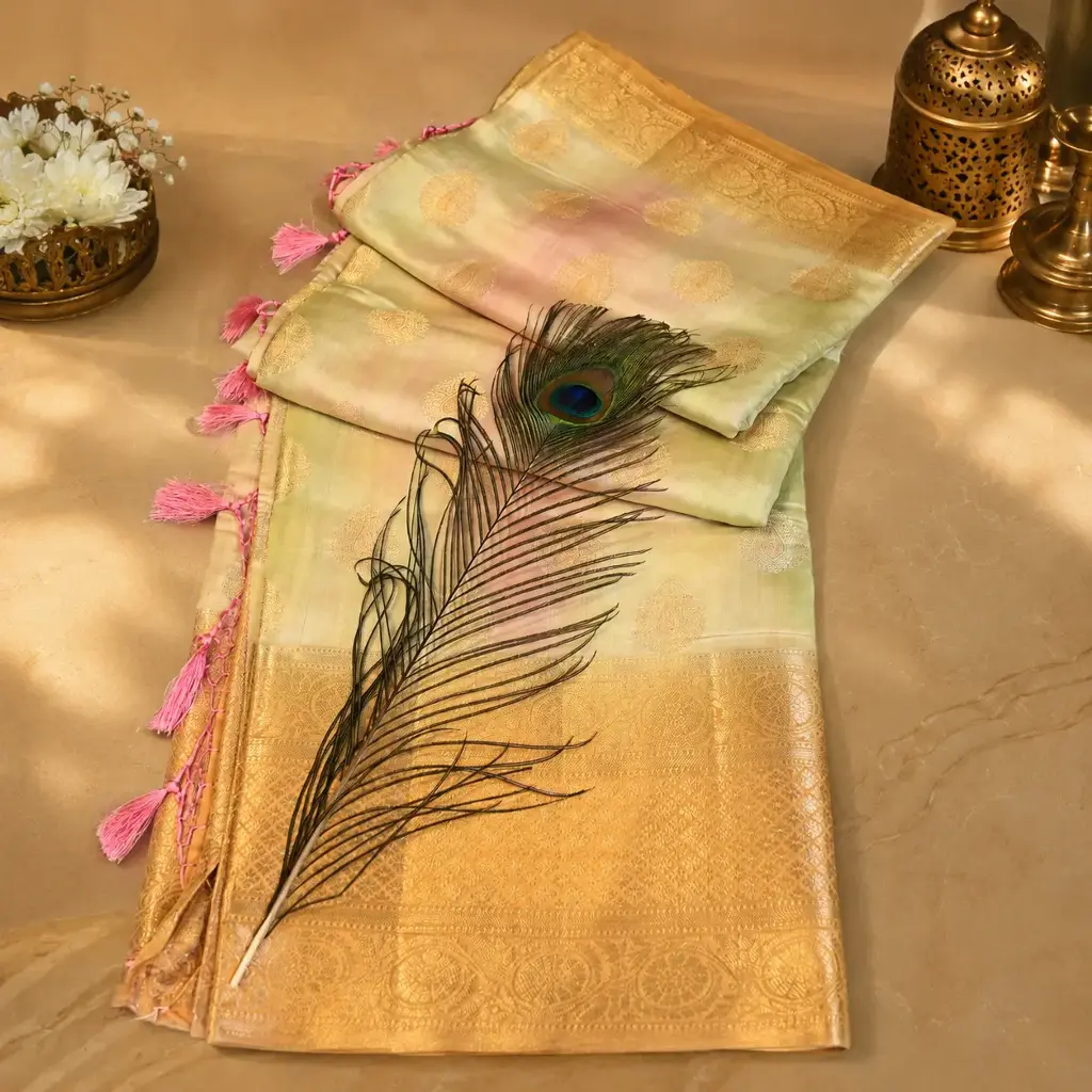 Elegant Off White Banarasi Silk Saree with Gold Zari Border & Pink Tassels