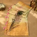 Elegant Off White Banarasi Silk Saree with Gold Zari Border & Pink Tassels