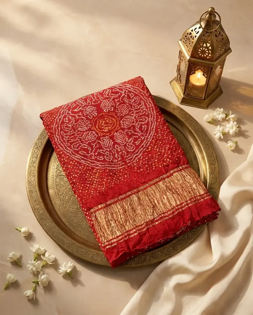Traditional Crimson Red Handcrafted Bandhani Saree with Zari Border