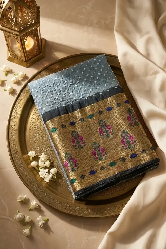 Slate Grey Handcrafted Bandhani Silk Saree with Zari Border
