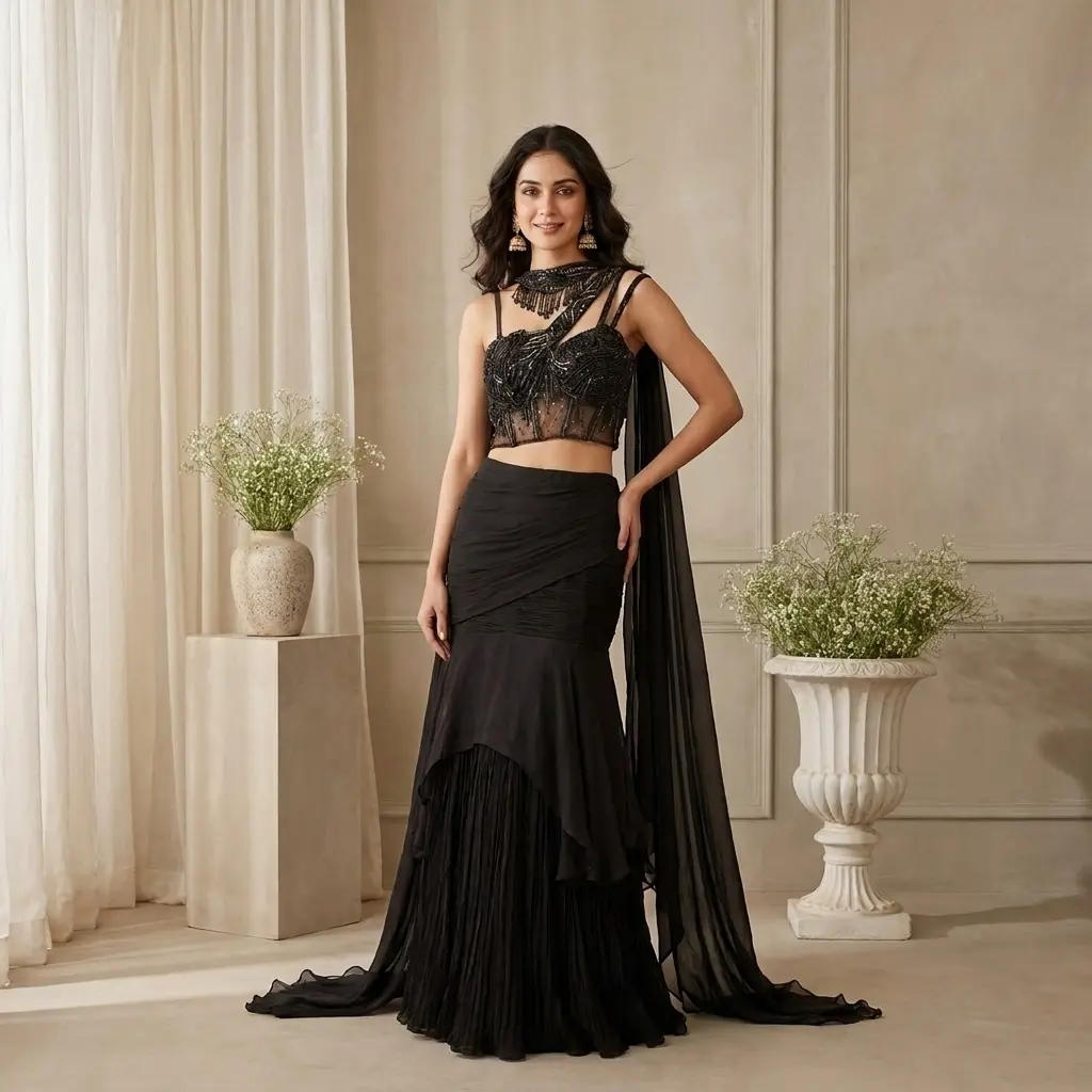 Black Embroidered Bustier Crop Top and Draped Skirt Set