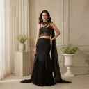 Black Embroidered Bustier Crop Top and Draped Skirt Set