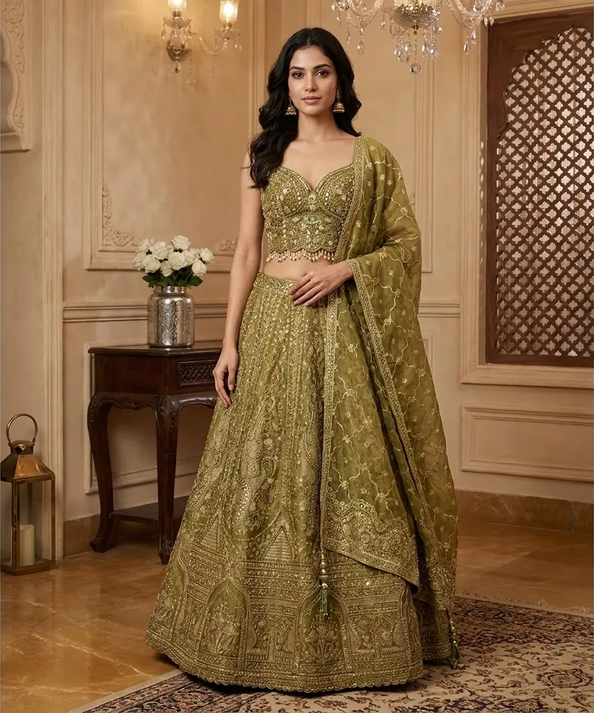 Olive Green Embroidered Raw Silk Bridal Lehenga Choli Set