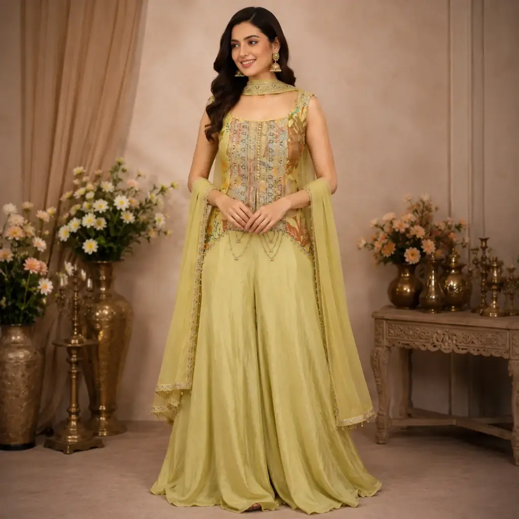 Women's Pastel Lime Green Embroidered Sharara Set with Floral Printed Kurta & Dupatta