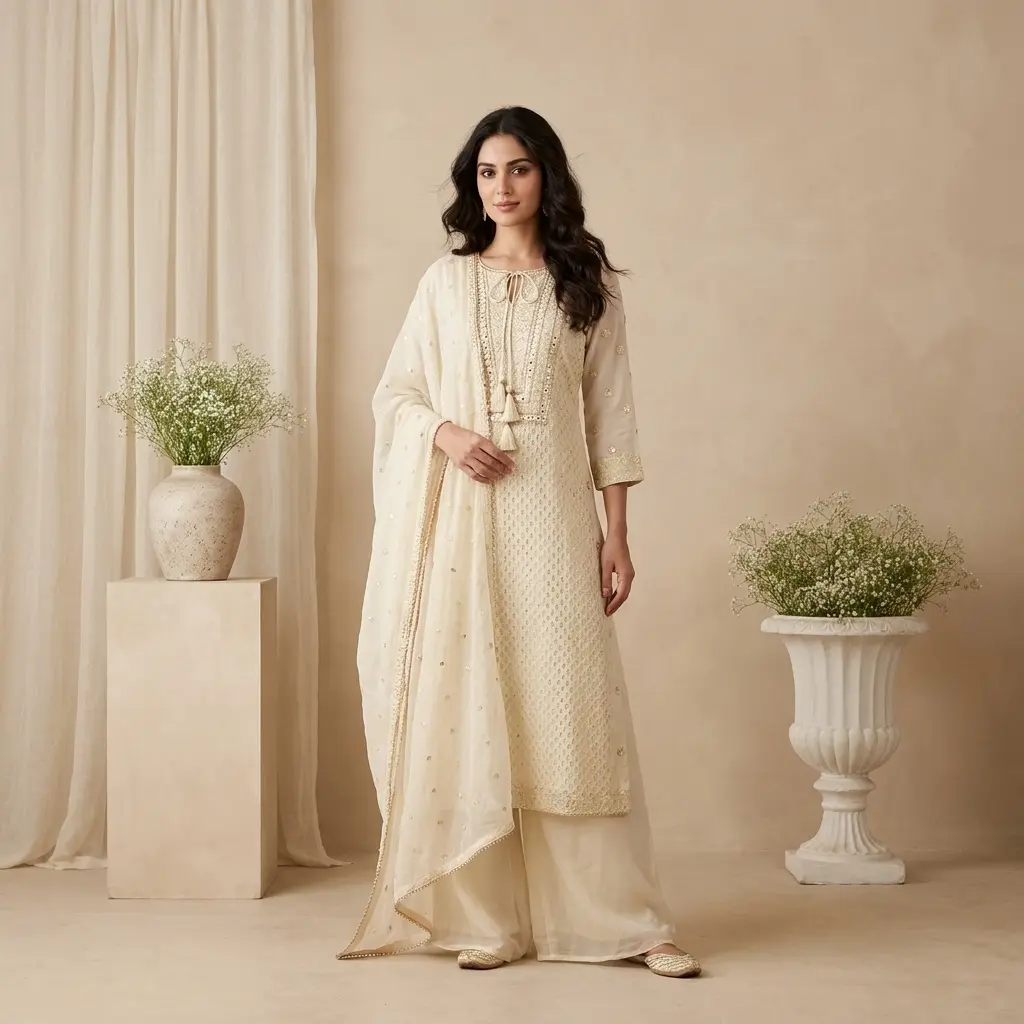 Ivory Embroidered Georgette Stitched Kurti Palazzo Suit Set 
