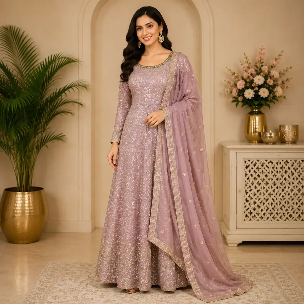 Women's Mauve Embroidered Anarkali Gown with Dupatta