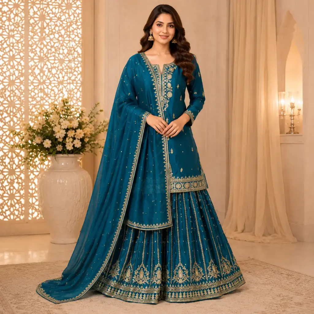 Women's Teal Blue Embroidered Kurta Sharara Set with Dupatta