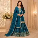 Women's Teal Blue Embroidered Kurta Sharara Set with Dupatta