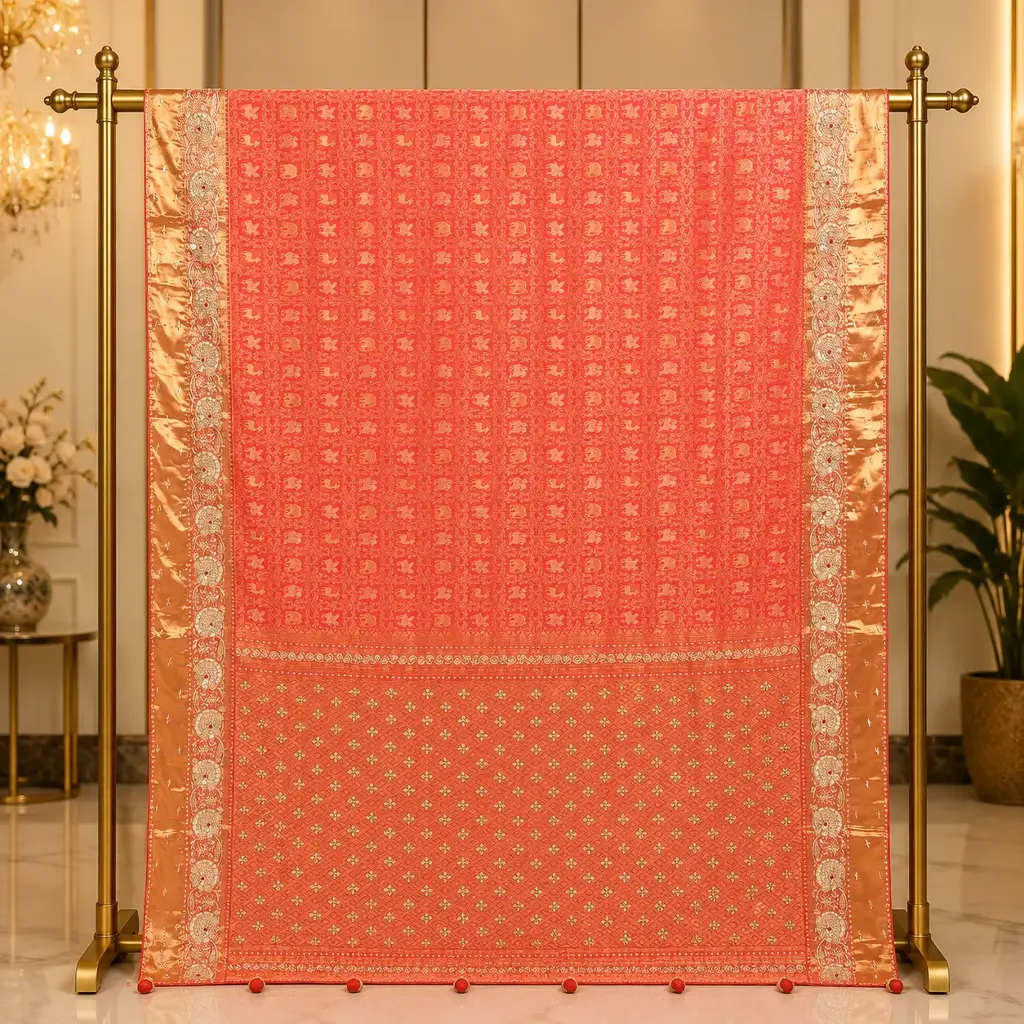 Women's Coral Orange Designer Saree with Gold Woven Pallu, Embroidered Border