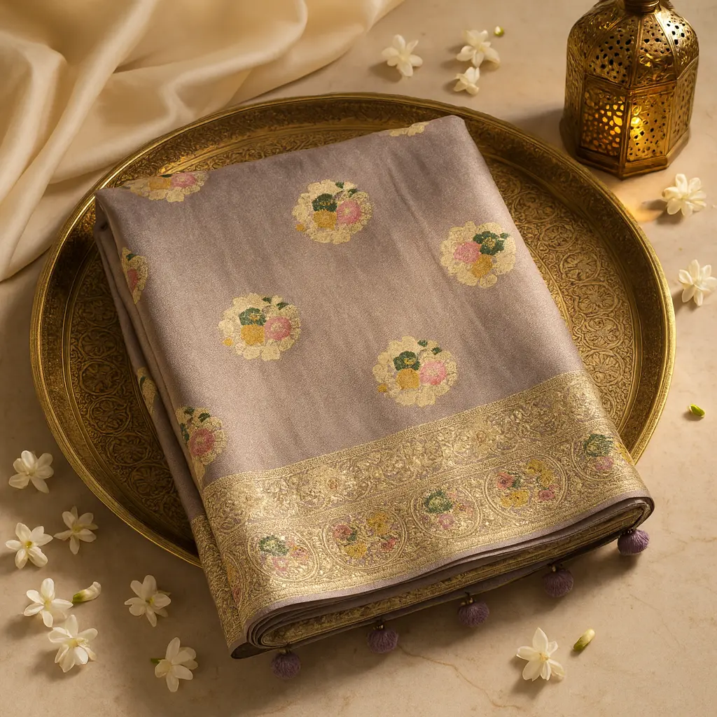 Elegant Mauve Floral Embellished Designer Silk Saree
