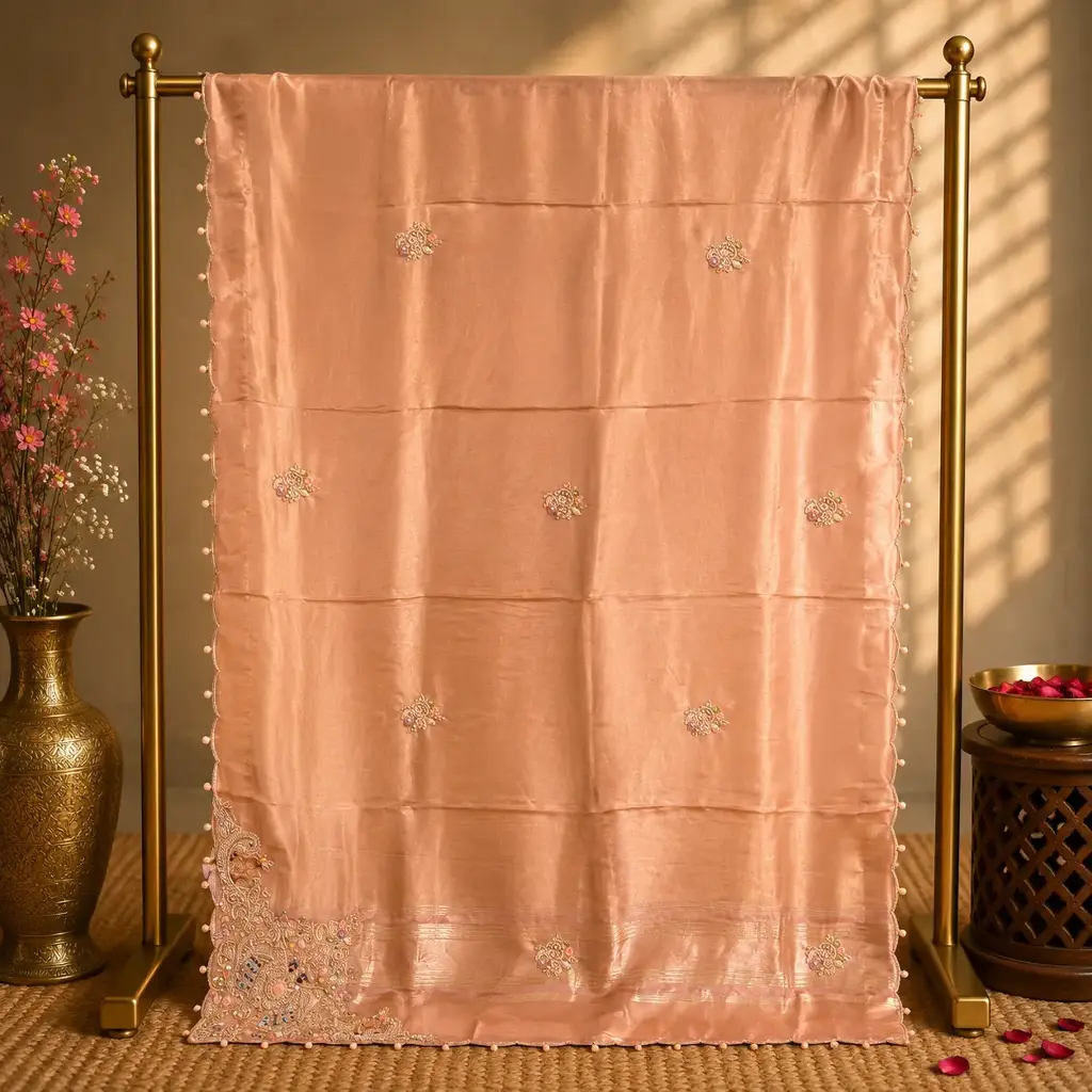 Elegant Peach Saree with Subtle Sequin Embellishments and Graceful Border