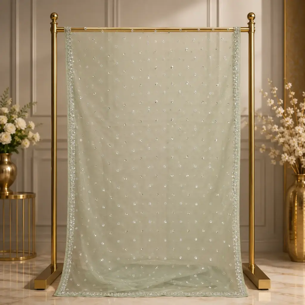 Mint Green Net Saree with Silver Sequin Work and Embellished Border