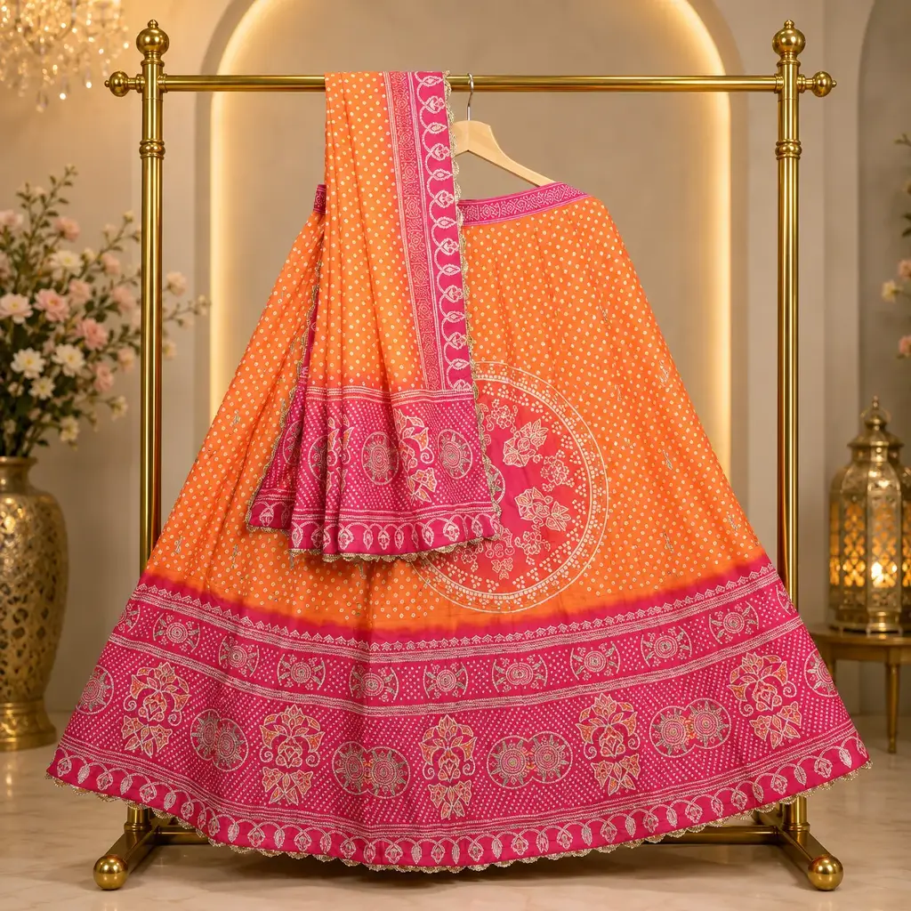 Women's Orange & Pink Bandhani Print Lehenga Choli with Dupatta