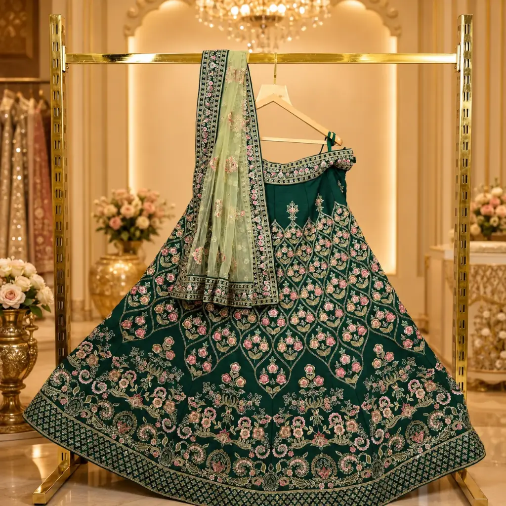 Women's Emerald Green Bridal Lehenga Choli with Floral Embroidery and Net Dupatta for Wedding Events