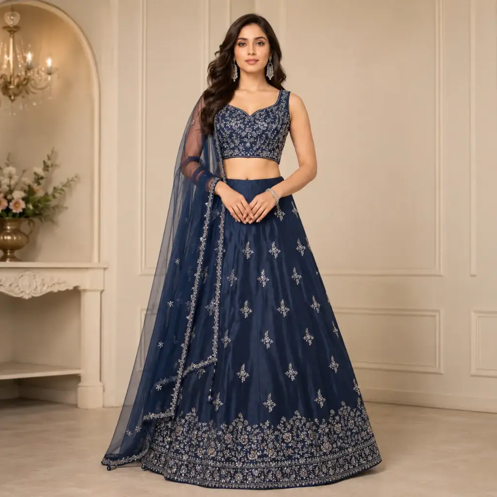 Women's Navy Blue Silver Embroidered Lehenga Choli with Net Dupatta for Wedding and Festive Wear Set