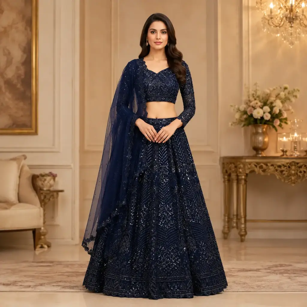 Women's Navy Blue Embroidered Lehenga Choli with Net Dupatta for Wedding Reception Festive Wear Set
