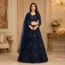 Women's Navy Blue Embroidered Lehenga Choli with Net Dupatta for Wedding Reception Festive Wear Set
