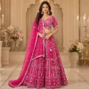 Women's Fuchsia Pink Mirror Work Lehenga Choli with Net Dupatta for Wedding & Festive Party Wear Set
