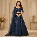 Women's Navy Blue Mirror Work Lehenga Choli Set with Net Dupatta for Wedding and Festive Party Wear