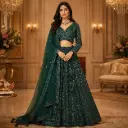 Women's Dark Green Embellished Lehenga Choli with Net Dupatta for Wedding Reception and Festive Wear