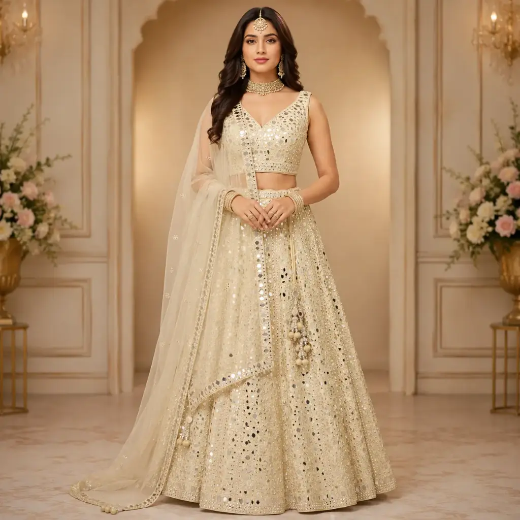 Women's Ivory Mirror Work Lehenga Choli with Net Dupatta for Wedding Reception & Festive Party Wear