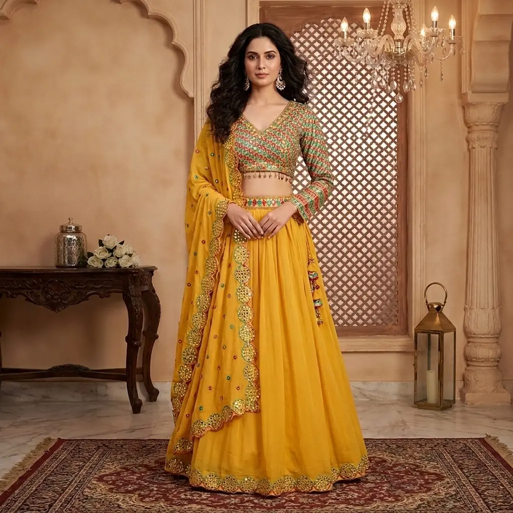 Mustard Yellow Embroidered Georgette Lehenga Choli Set with Dupatta