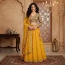 Mustard Yellow Embroidered Georgette Lehenga Choli Set with Dupatta