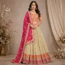 Women's Beige Orange Embroidered Lehenga Choli with Pink Dupatta for Wedding and Festive Party Wear