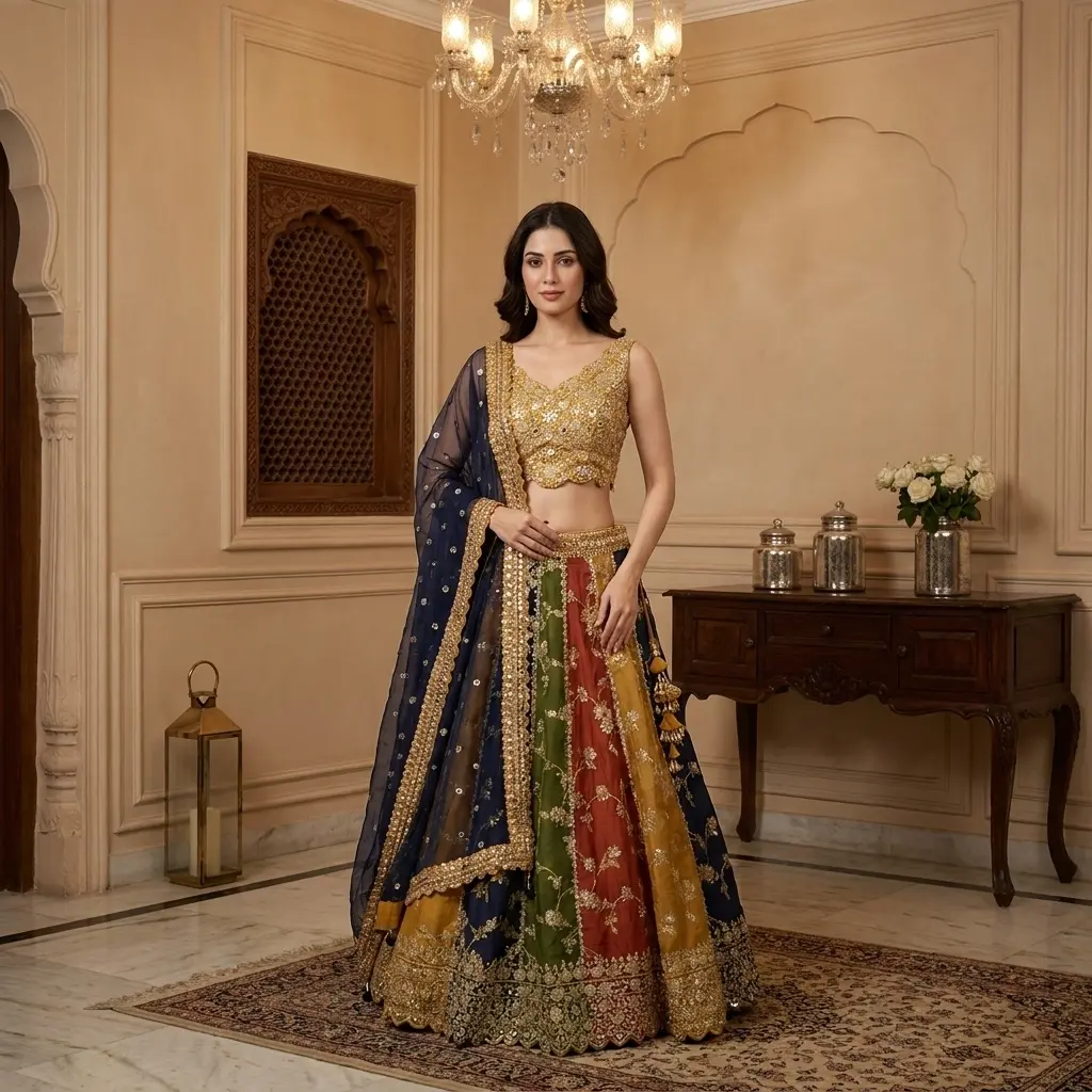 Mustard and Multi-Kali Silk Embroidered Bridal Lehenga Choli Set