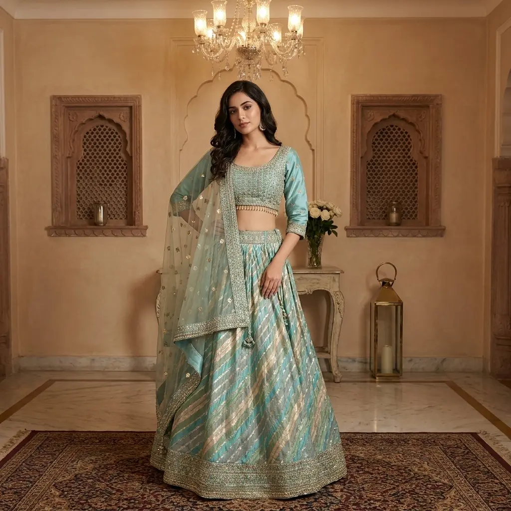 Aqua Green Embroidered Lehenga Set with Embellished Blouse