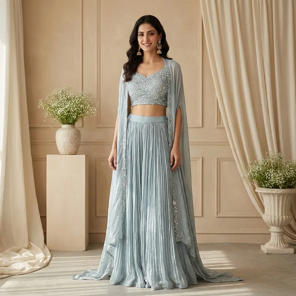 Sky Blue Sequin Crop Top and Pleated Skirt with Cape