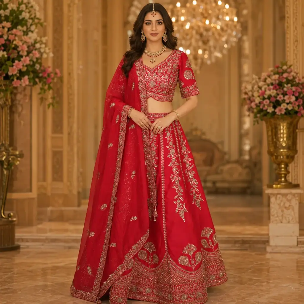 Women's Red Gold Embroidered Lehenga Choli with Dupatta for Wedding Reception and Festive Party Wear