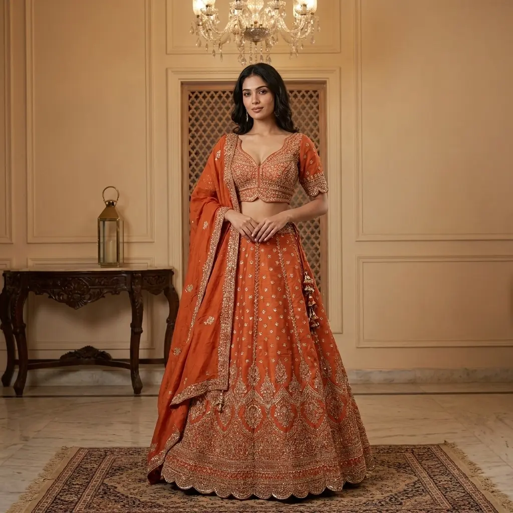 Rust Orange Embroidered Silk Lehenga Choli Set with Dupatta