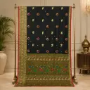 Women's Black Saree with Elephant & Peacock Motifs and Ornate Golden Border