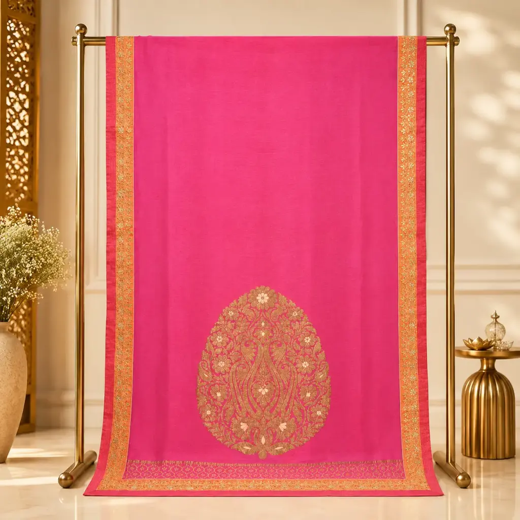 Women's Rani Pink Saree with Golden Peacock Motif and Embroidered Border