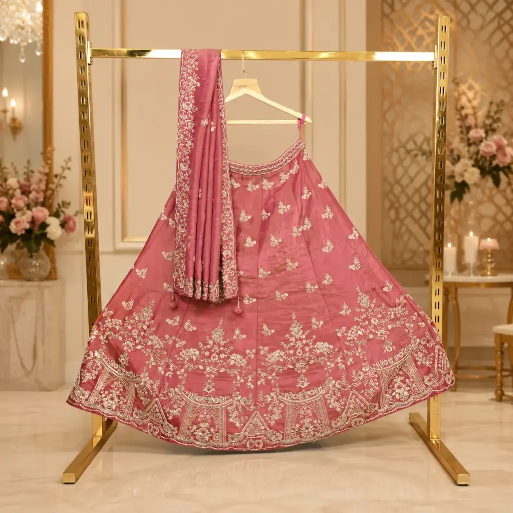 Women's Dusty Rose Lehenga Choli with Silver Floral Embroidery and Matching Dupatta