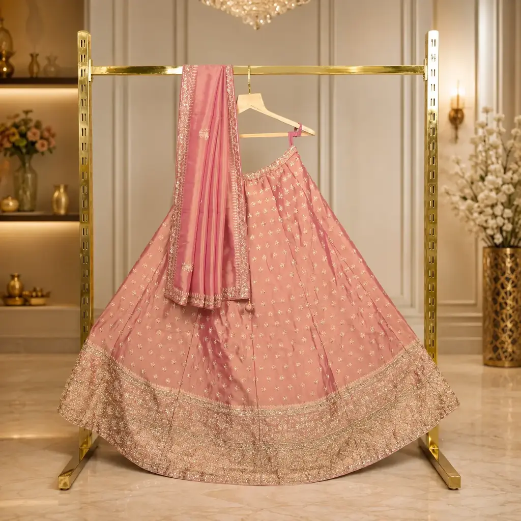 Women's Dusty Pink Lehenga Choli with Gold Sequin Work and Dupatta