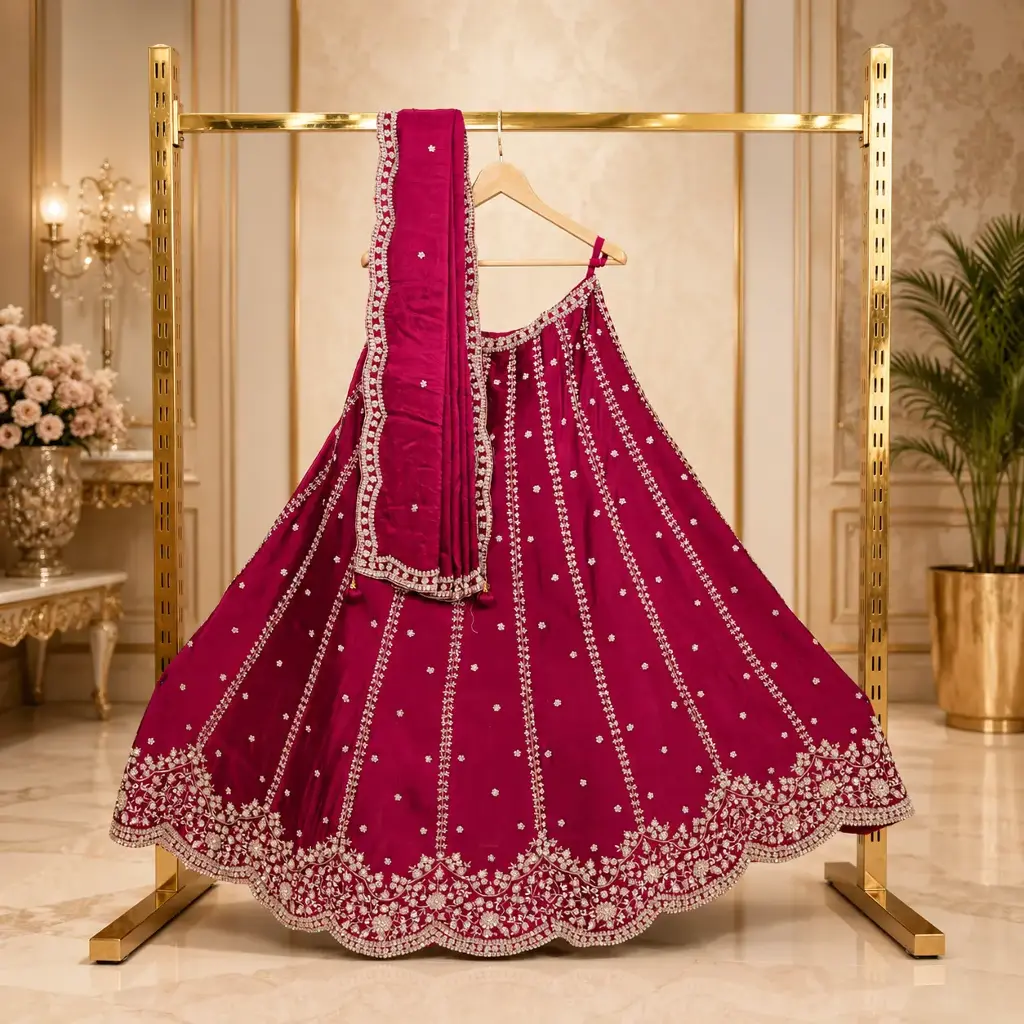 Women's Magenta Lehenga Choli with Silver Embroidery and Matching Dupatta