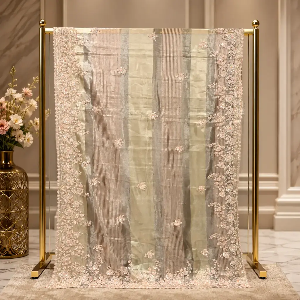 Luxury Sage Green Striped Saree with Floral Embroidery and Scalloped Border