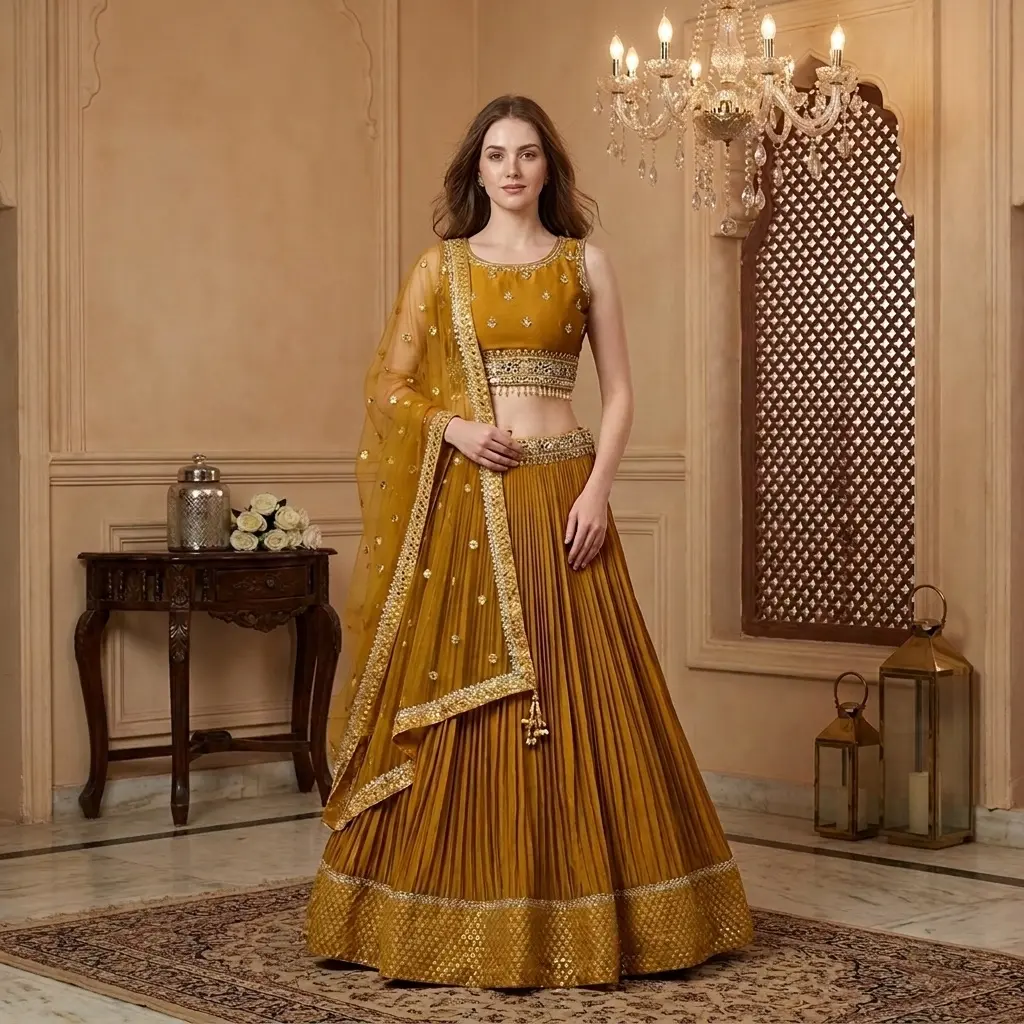 Mustard Yellow Pleated Lehenga Set with Mirror Work Blouse