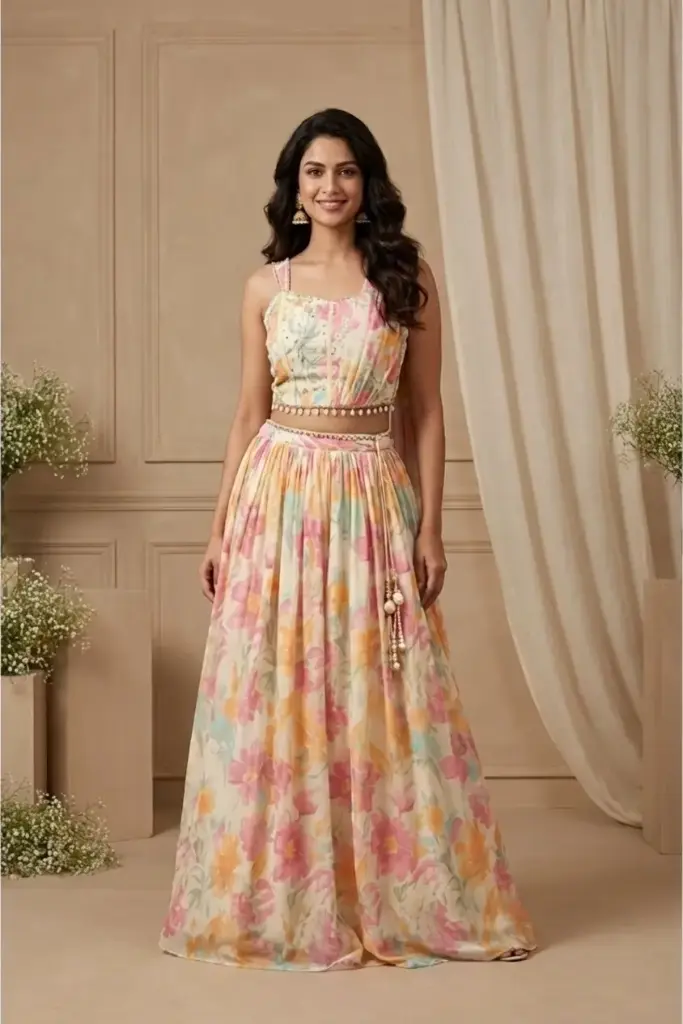 Floral Pastel Printed Georgette Corset Crop Top Lehenga Set